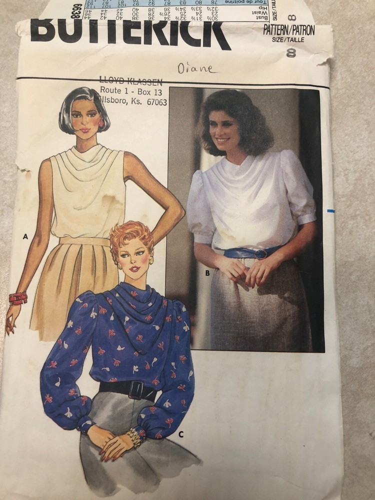 Butterick 6638 sewing pattern Misses Blouses, 3 views, Size 8, UNCUT