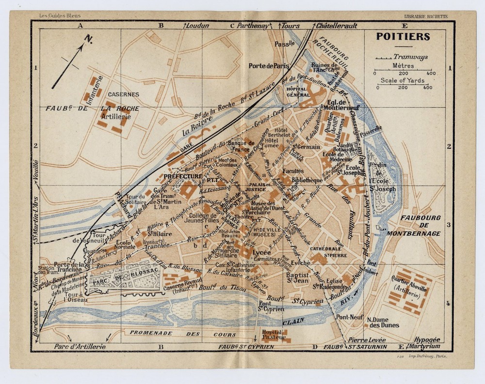 1926 Original Vintage City Map Of Poitiers / Aquitaine / France