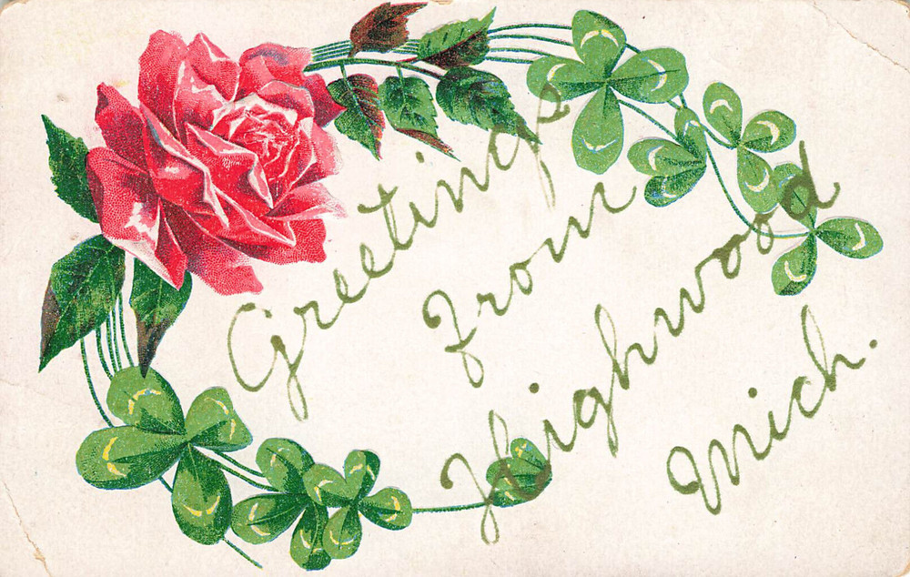 Pink Rose & Four Leaf Clovers Greetings Postcard Highwood Mi Michigan 1910