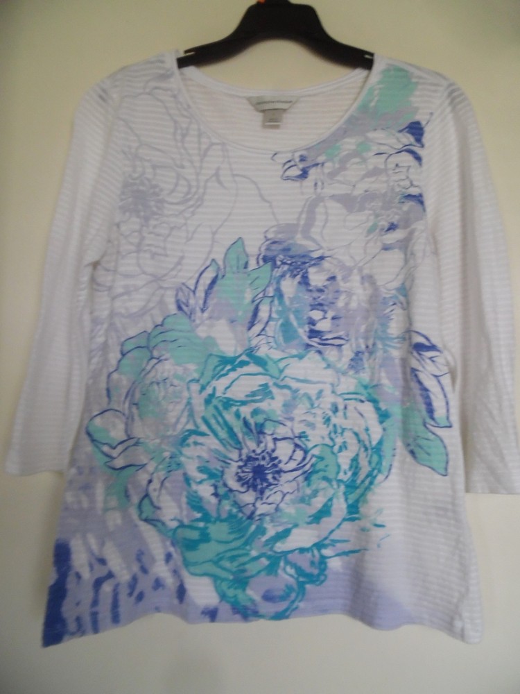 CHRISTOPHER & BANKS Women's White Floral Knit Top 3/4 Sleeve Shirt Size S