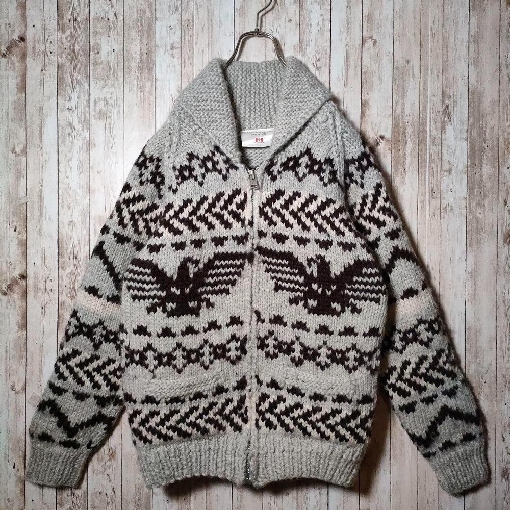 Cowichan Knit Eagle Wool Zip Sweater M Used Gray Vintage from JP