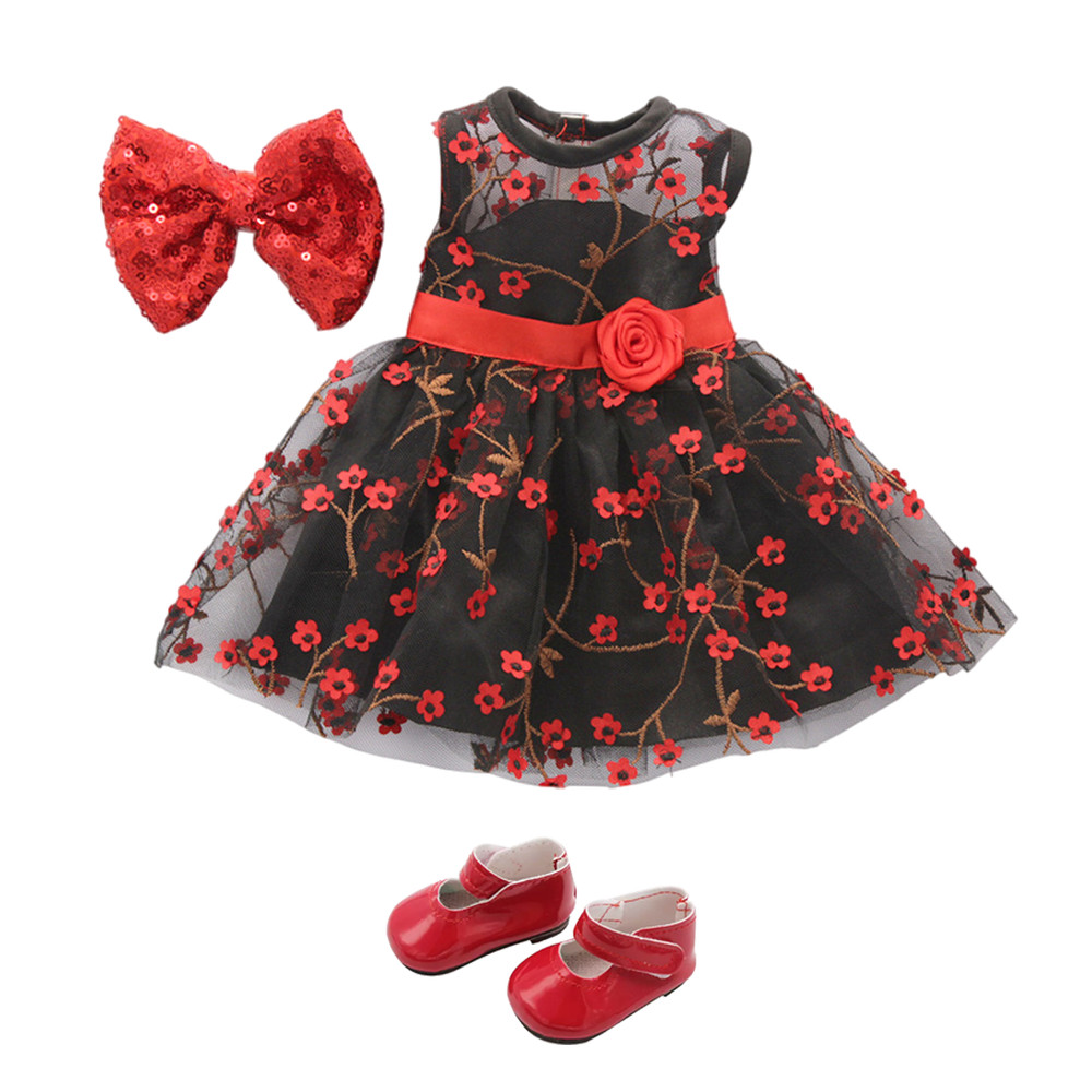 for 18'' American Girl Doll Clothes 3pcs lace flower dress & bow & shoes set