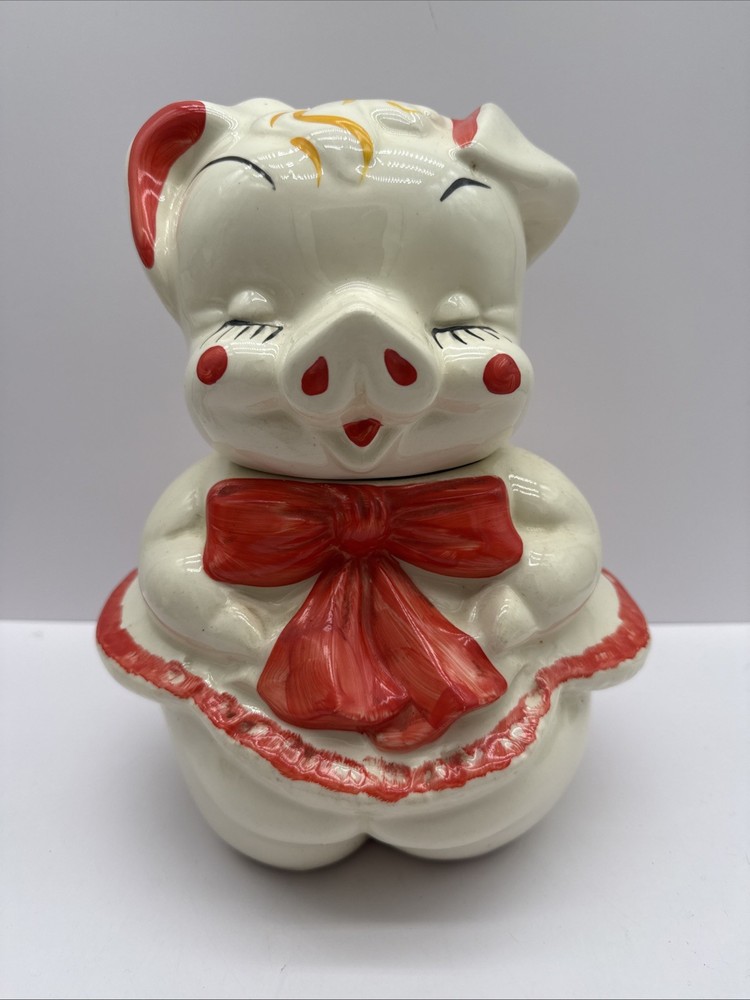 Vintage 1940's American Bisque Cookie Jar Pig w Polka Dot Dress with Bow Tie