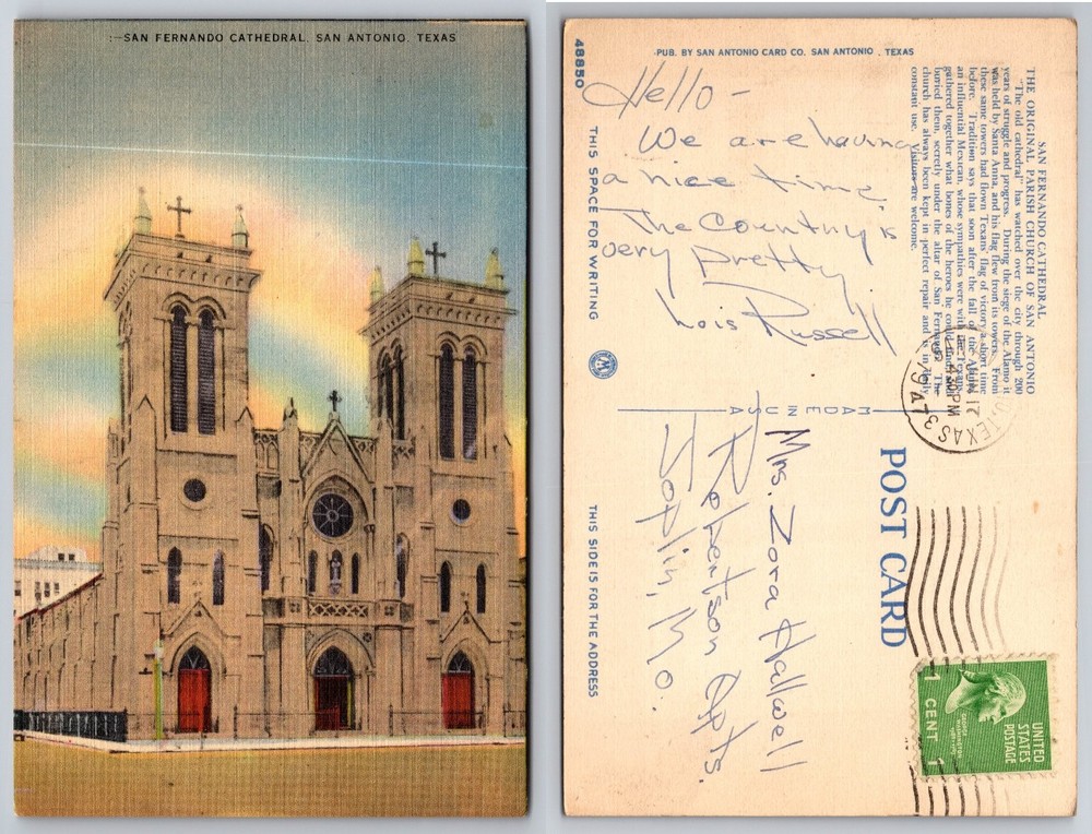 San Fernando Cathedral San Antonio Texas Linen Postcard 1947 Posted Church