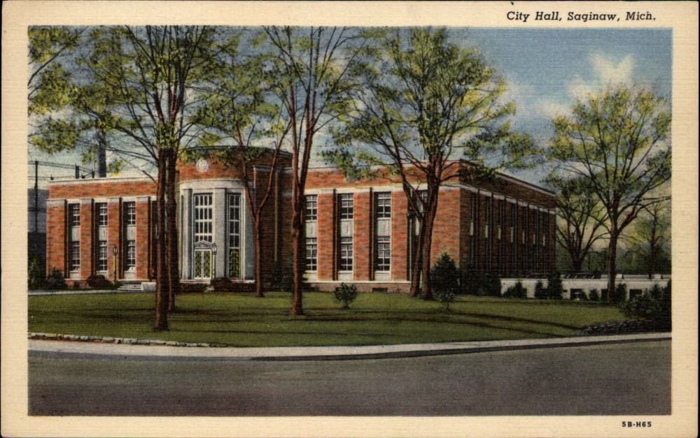 City Hall Saginaw Michigan architecture ~ 1930s linen postcard
