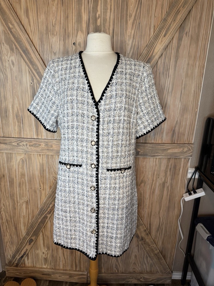 NWT Pomander Place White Tweed Josephine Dress Black Trim Short Sleeve Sz XXL