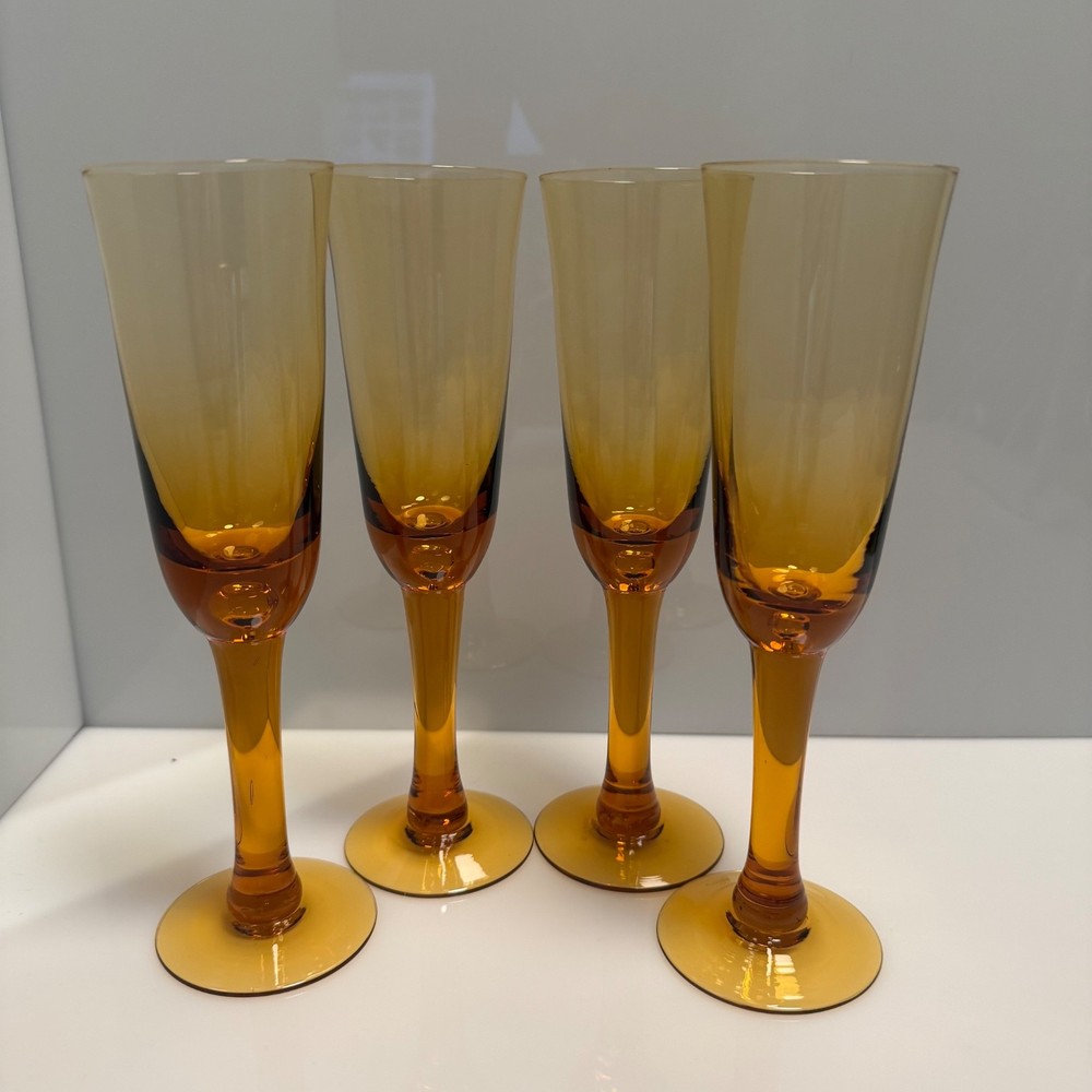 Set of 4 Vintage Mid Century Hand Blown Amber Champagne Glasses