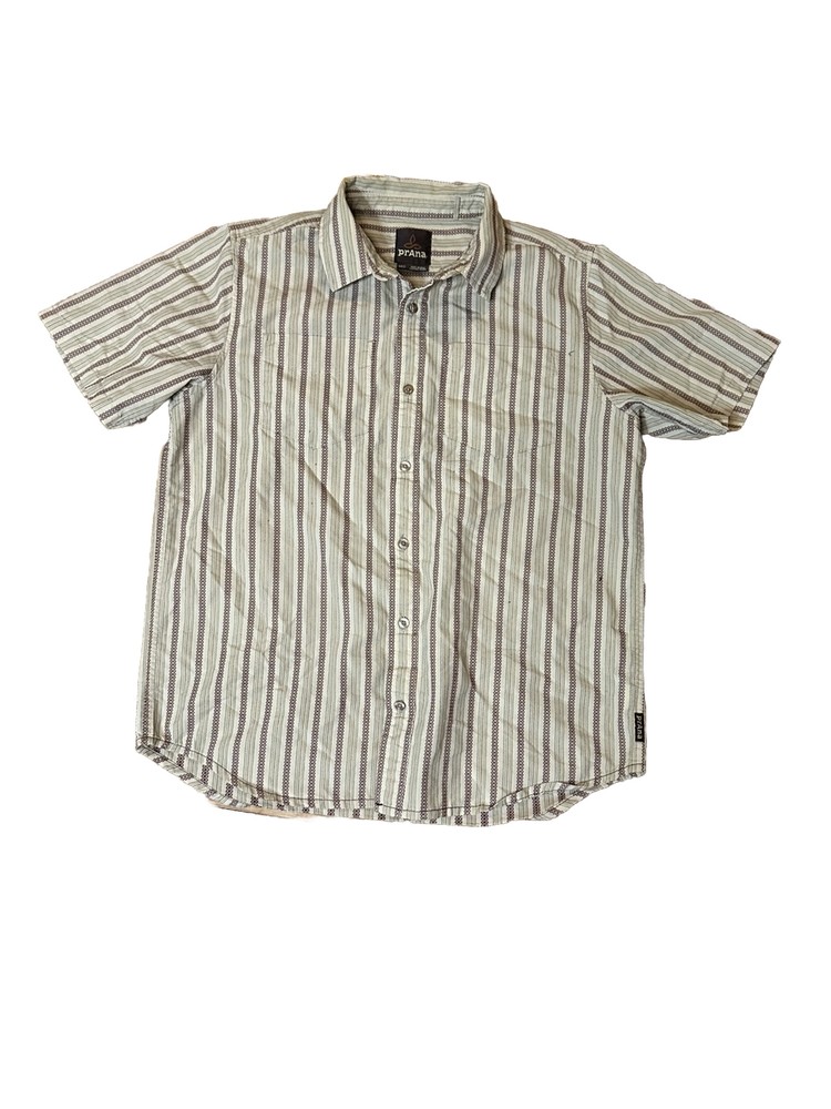 prAna Button Up Shirt Short Sleeve Pocket Multicolor Striped Mens Size Medium
