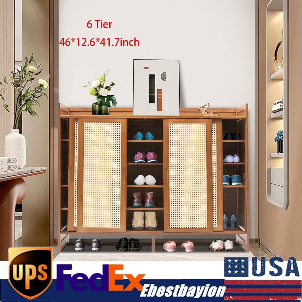 6-Tier Bamboo Shoe Cabinet with Dual Sliding Doors - Free Standing Storage