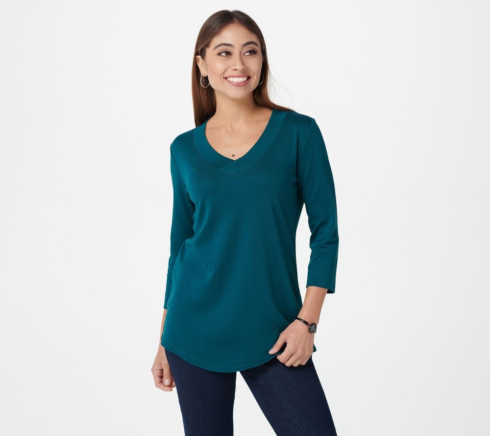 Isaac Mizrahi Live! Women's Top Sz M Essentials Pima Cotton V-Neck Blue A398275
