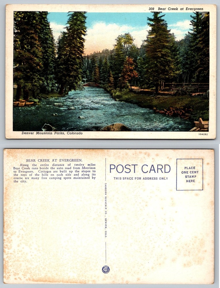Bear Creek Evergreen Colorado Postcard Denver Mountain Parks Sanborn