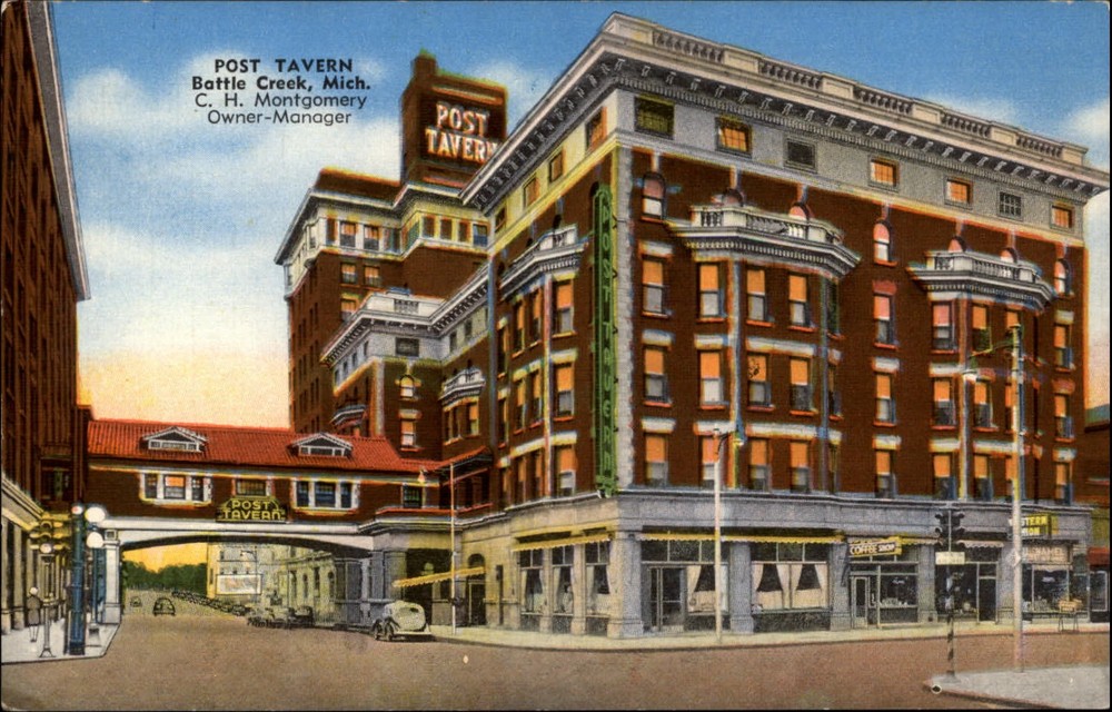 Post Tavern Battle Creek Michigan Western Union sign ~ 1940s linen postcard