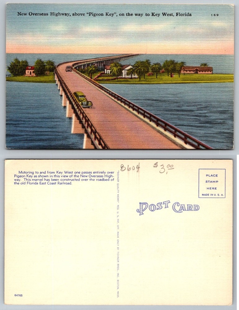 Vintage Linen Postcard New Overseas Highway Pigeon Key Key West Florida Bridge