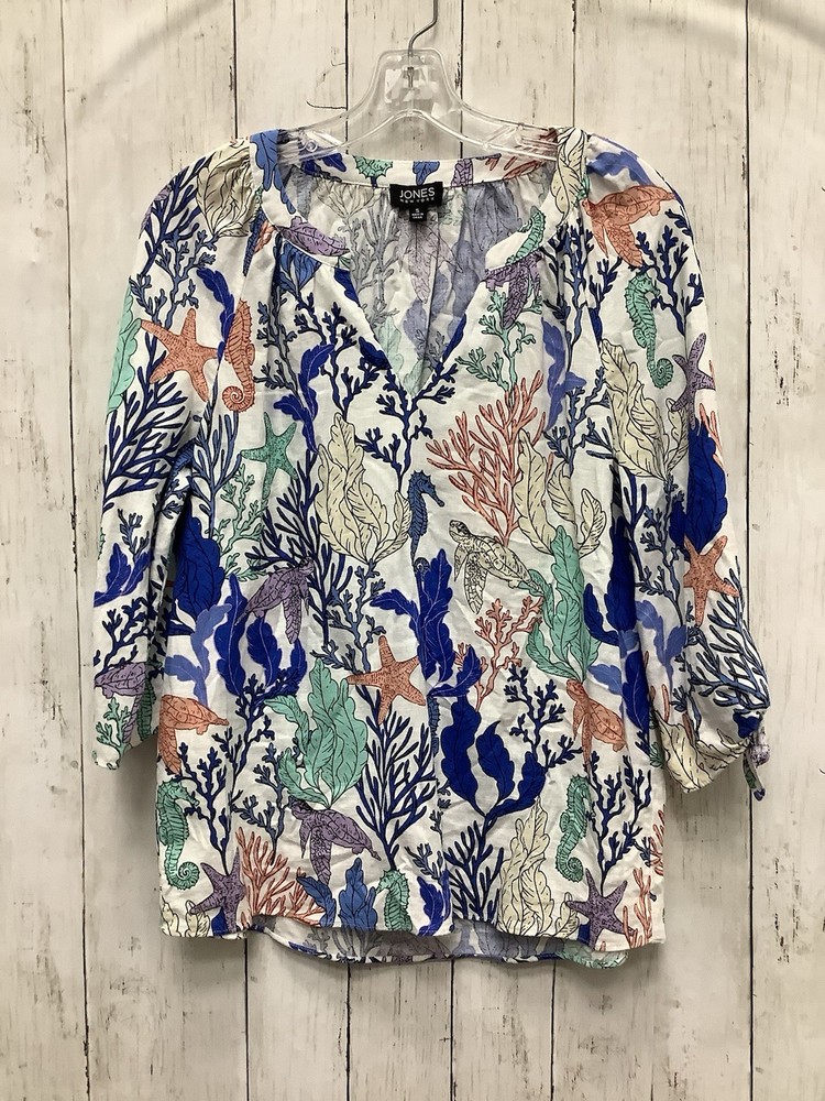 Jones New York Women's Coastal Print Tie-Cuff Linen-Blend Blouse, Size Small