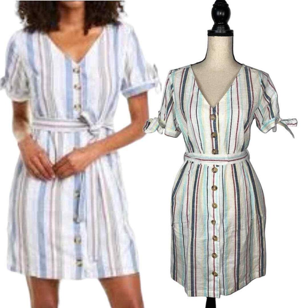 English Laundry White Multi Striped Tie Waist Button Down Dress     Size:  S