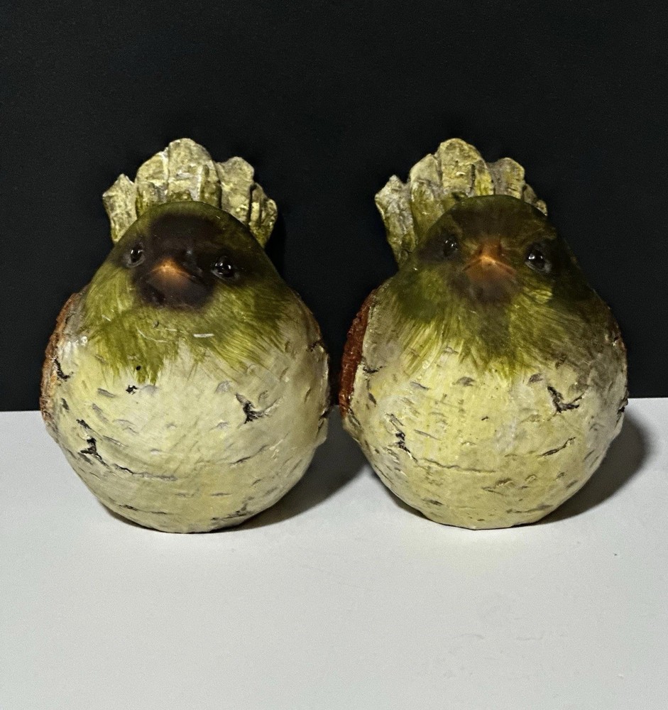 Pair Of Green and Brown Decorative Birds - Textured Resin Bird Figurines