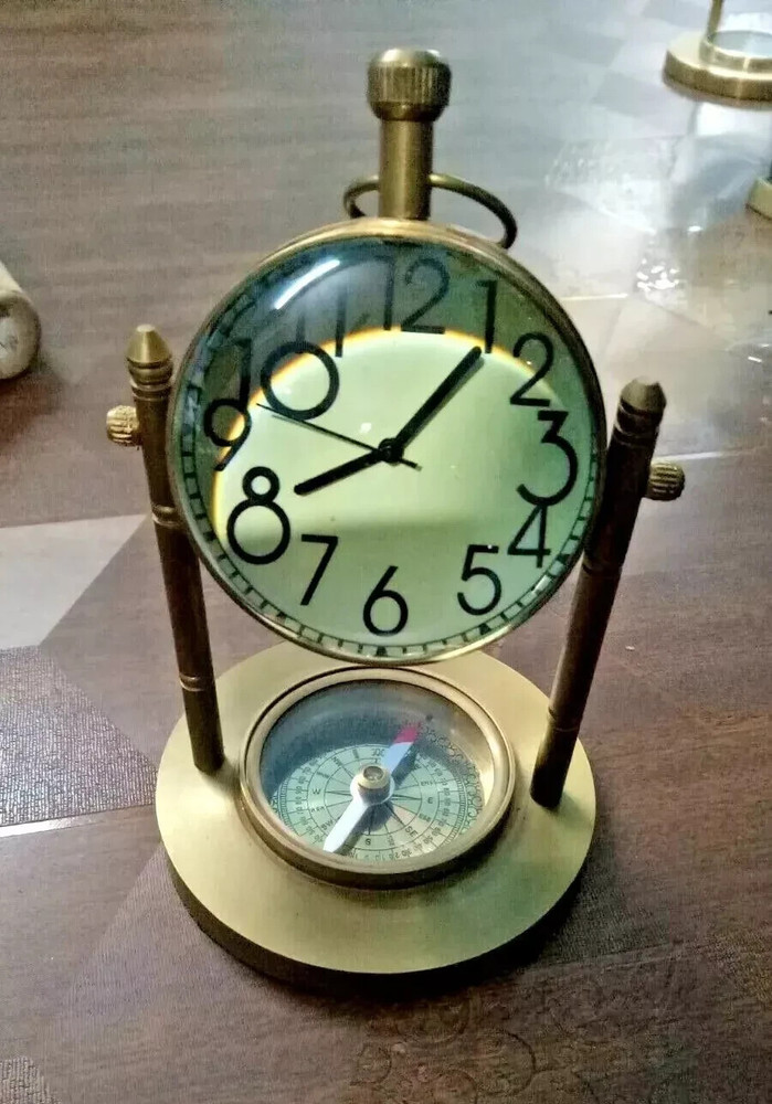 Antique Brass Desk/Table Clock/Watch With Base Compass Nautical Victorian Gift