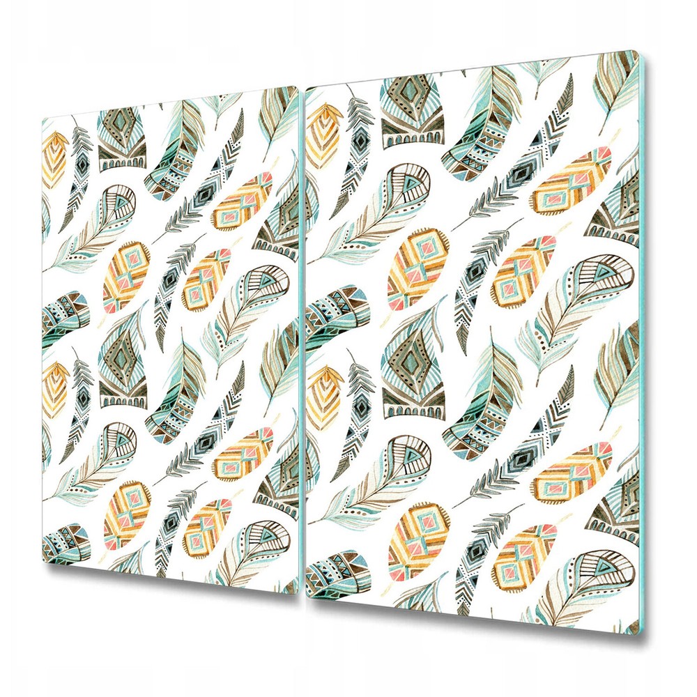 Glass Meat Board Induction Ceramic Hob Cover Ethnic Watercolour Feathers 2x30x52