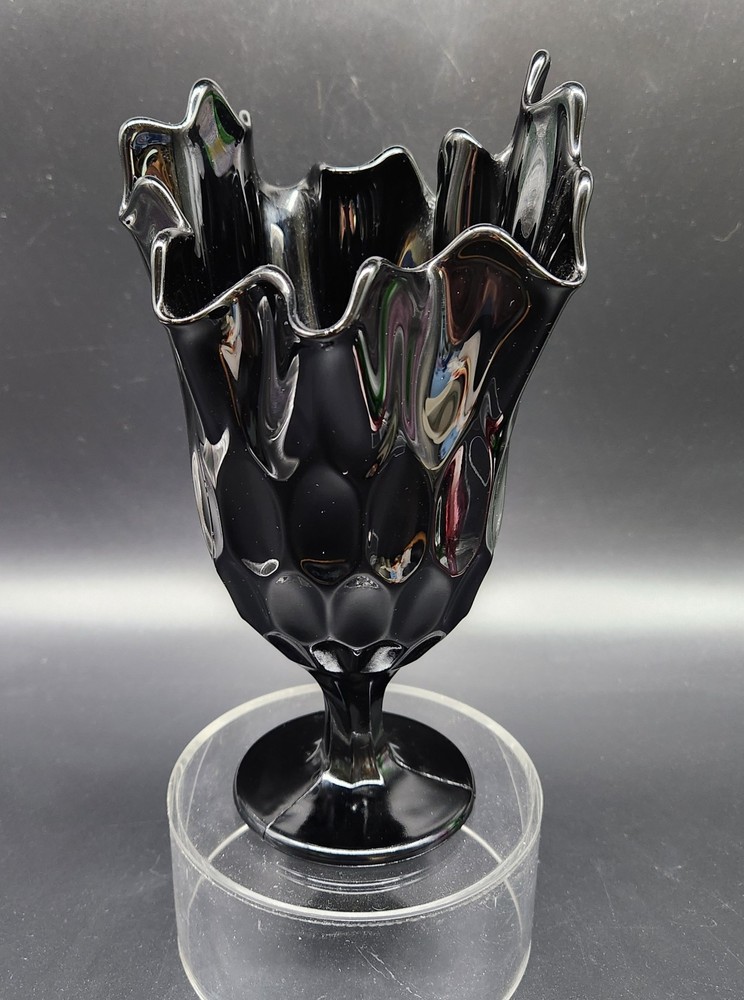 Vtg Fenton Art Glass Opaque Black Thumbprint Vase Handkerchief Top 9