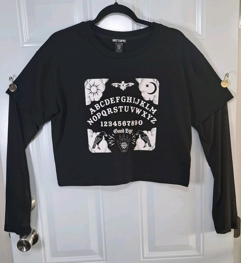 Hot Topic Ouija Crop Top Womens Size XL Black Layered Sheer Sleeve Goth Witchy