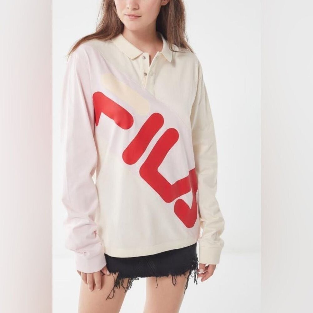 Fila T Shirt Women Medium Pink Rugby Polo Long Sleeve Spellout Oversized Relaxed