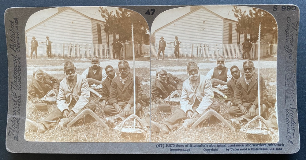 1895 ORIGINAL STEREOSCOPIC UNDERWOOD POSTCARD, ABORIGINAL HUNTSMEN, HEALESVILLE