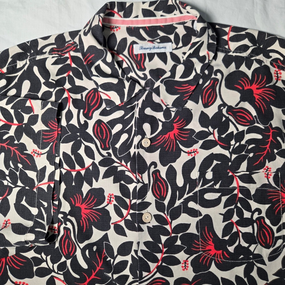 Tommy Bahama Silk Blend Hibiscus Floral Camp Shirt Mens XL Black Red Tropical