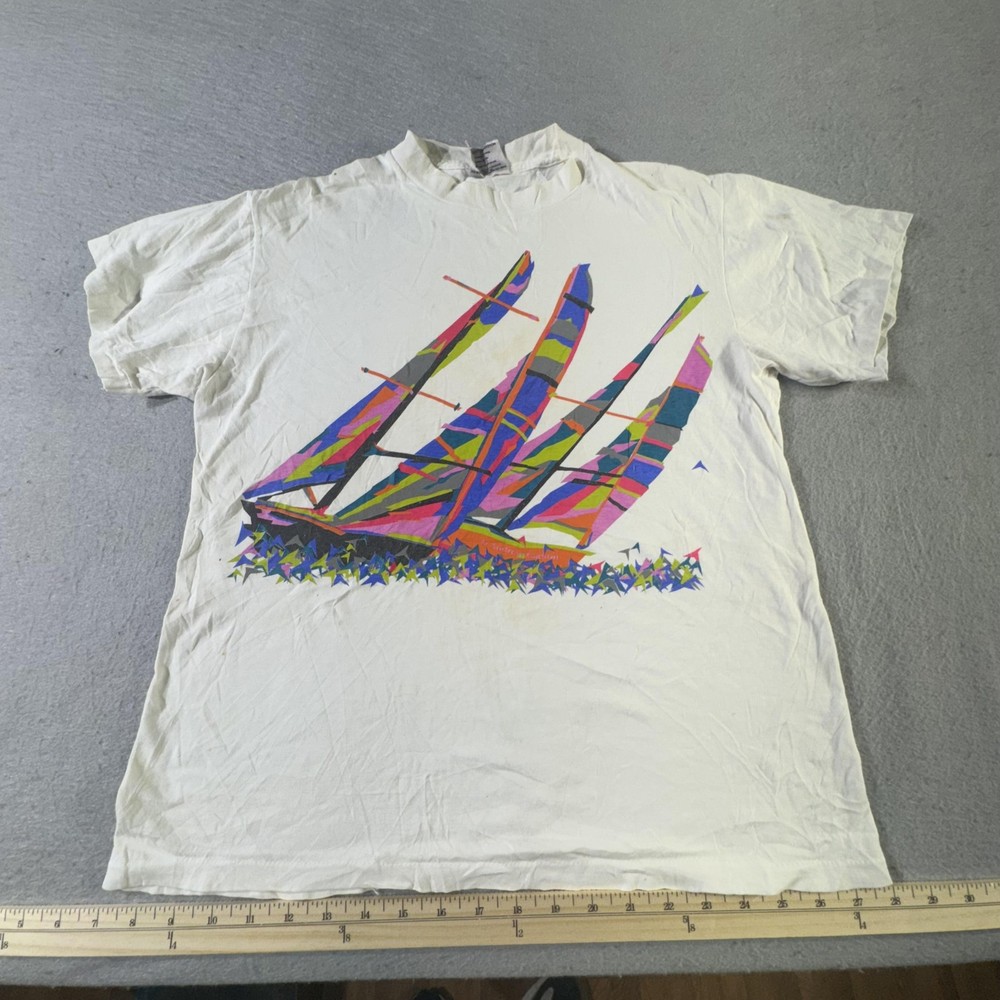 Vintage Oneita Shirt Mens Medium White Abstract Sailboat Graphic Tee 90s USA-image