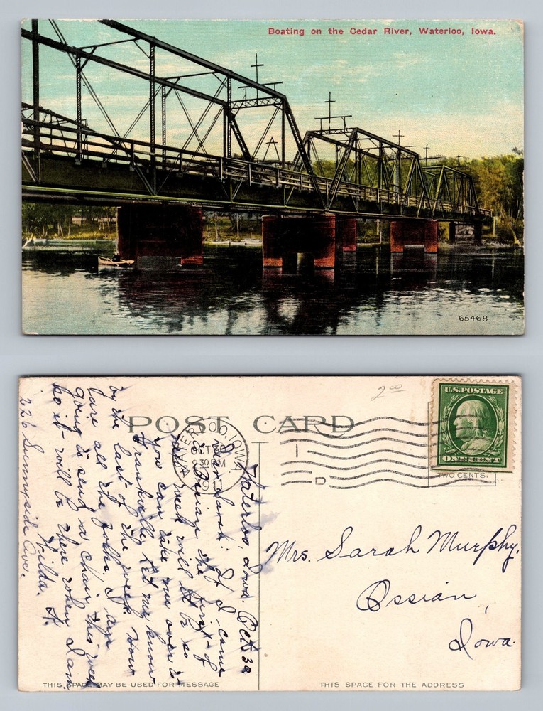 Waterloo, IA-Iowa, Boating Cedar River Steel Truss Bridge Vintage c1911 Postcard