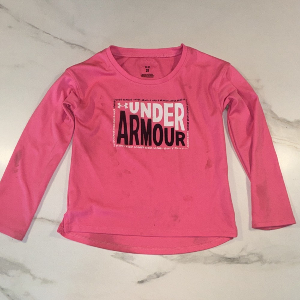Under Armour 3T Unisex Pink Solid Long Sleeve Crew Neck Logo T-Shirt Pullover