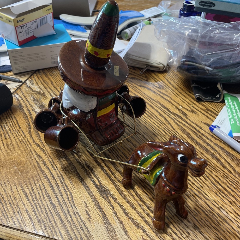 Vintage Japanese Ceramic Donkey Cart/Bandido Sombrero Tequila Decanter +6 cups