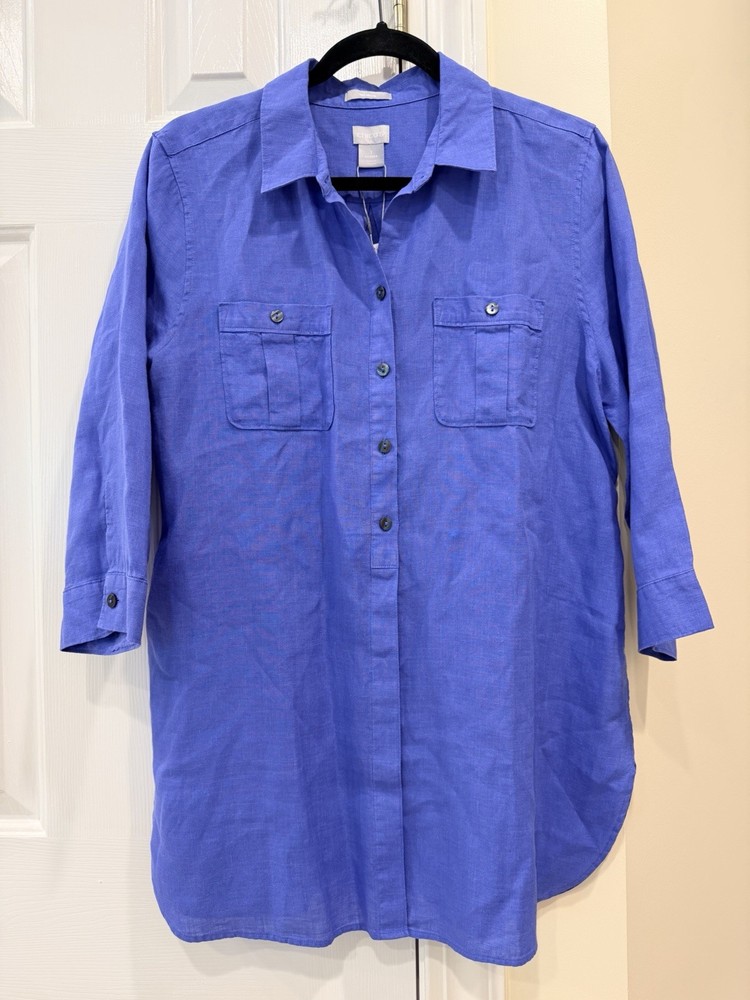 Chico's No Iron Women’s Amparo Blue Linen Button 3/4 Sleeve Tunic Shirt NWT Sz 1