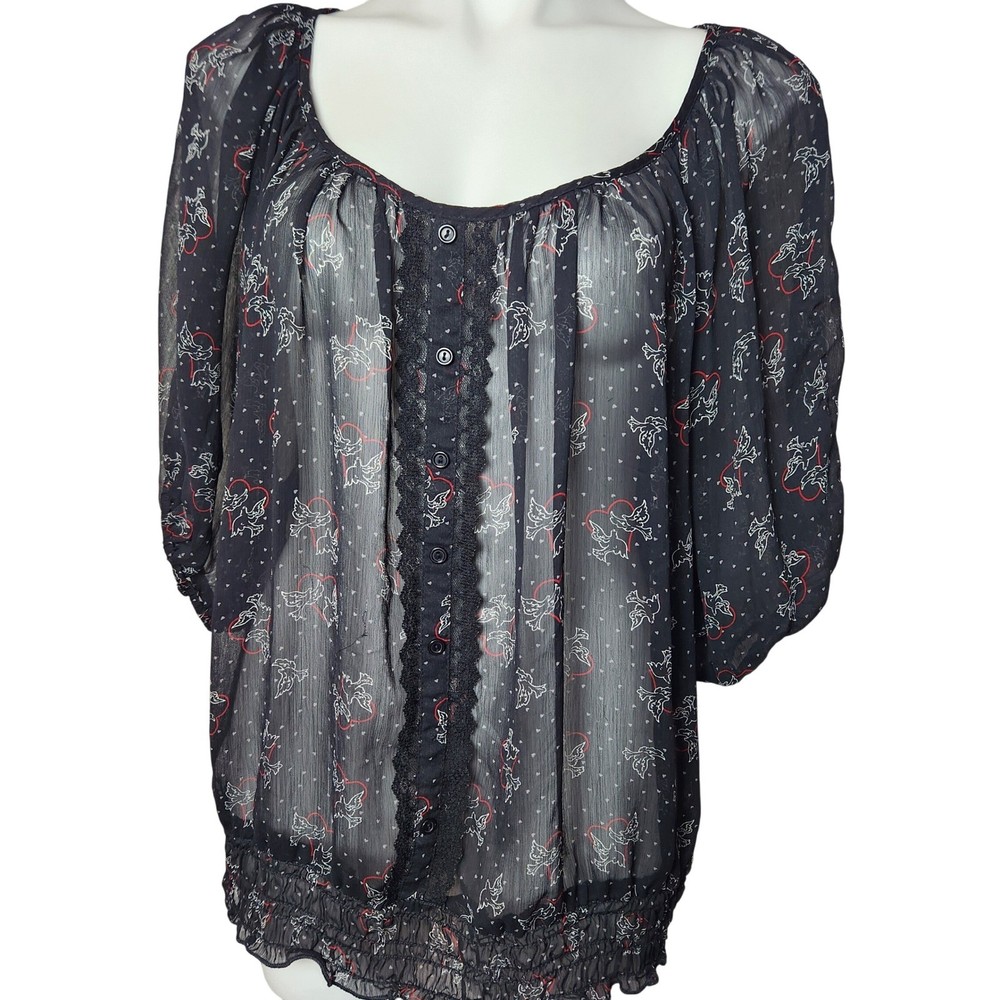 Y2k Vintage Torrid Sheer Black Blouse hearts & doves Valentines Day Size 2X