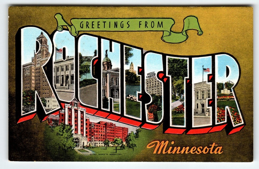 Greetings From Rochester Minnesota Large Big Letter City Postcard Linen Kropp