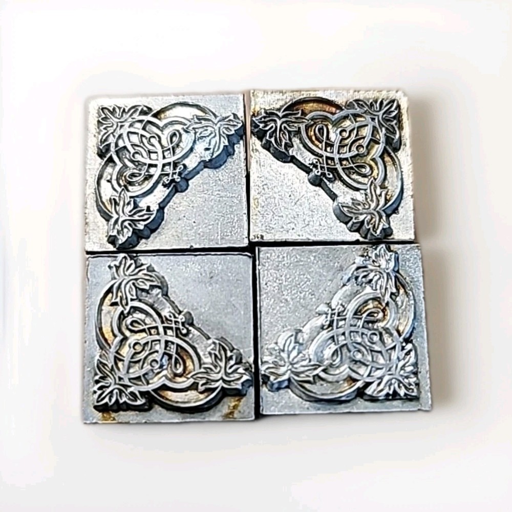 Antique Set Of 4 Metal Ornate Corner Letterpress Printing Block Stamps