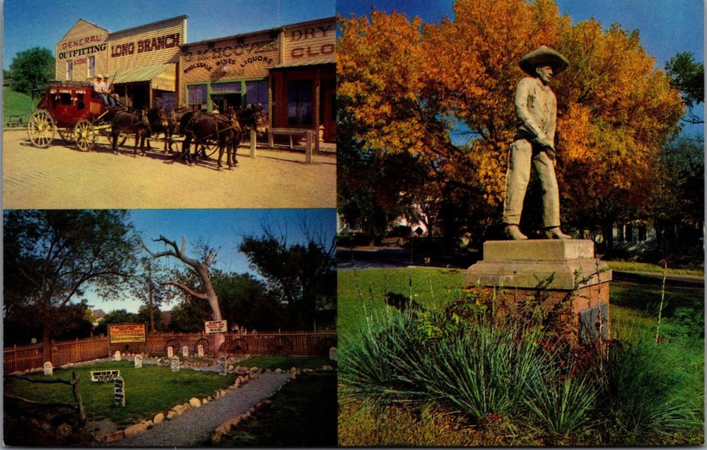 Vintage Dodge City Kansas Historic Sites Postcard Boot Hill Cowboy Statue