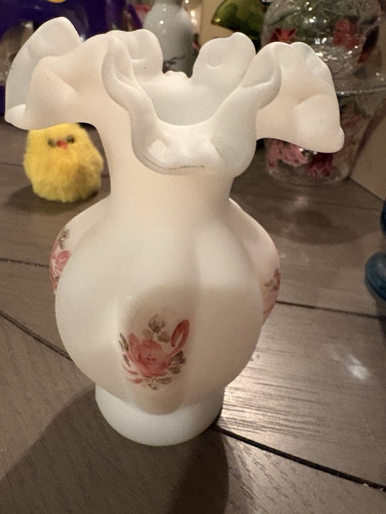 Hand Painted White Pink Glass Vase Ruffled Edge Flowers  Signed A. Stevens