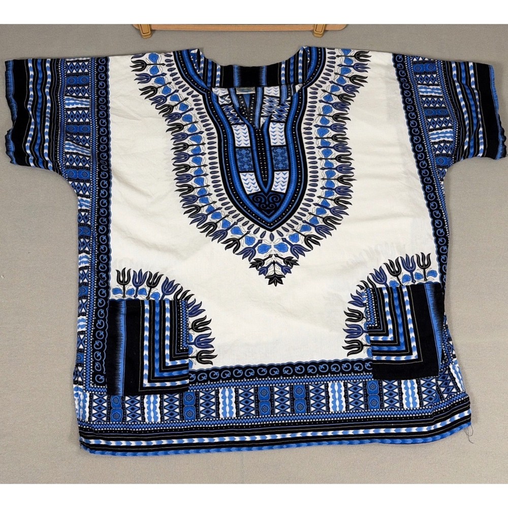 Ocean Blue Apparel Dashiki Top Mens XL Blue White African Print Cotton Tunic