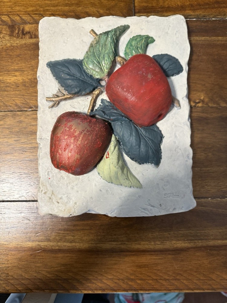 Vintage 1977 Signed Plaster Apple Bas-Relief Wall Sculpture 10x7.5 Austin Decor