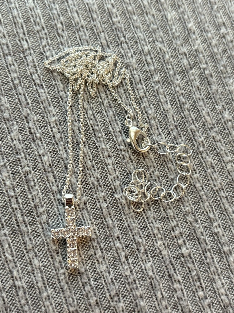 Vintage silver tone rhinestone embedded cross chain necklace