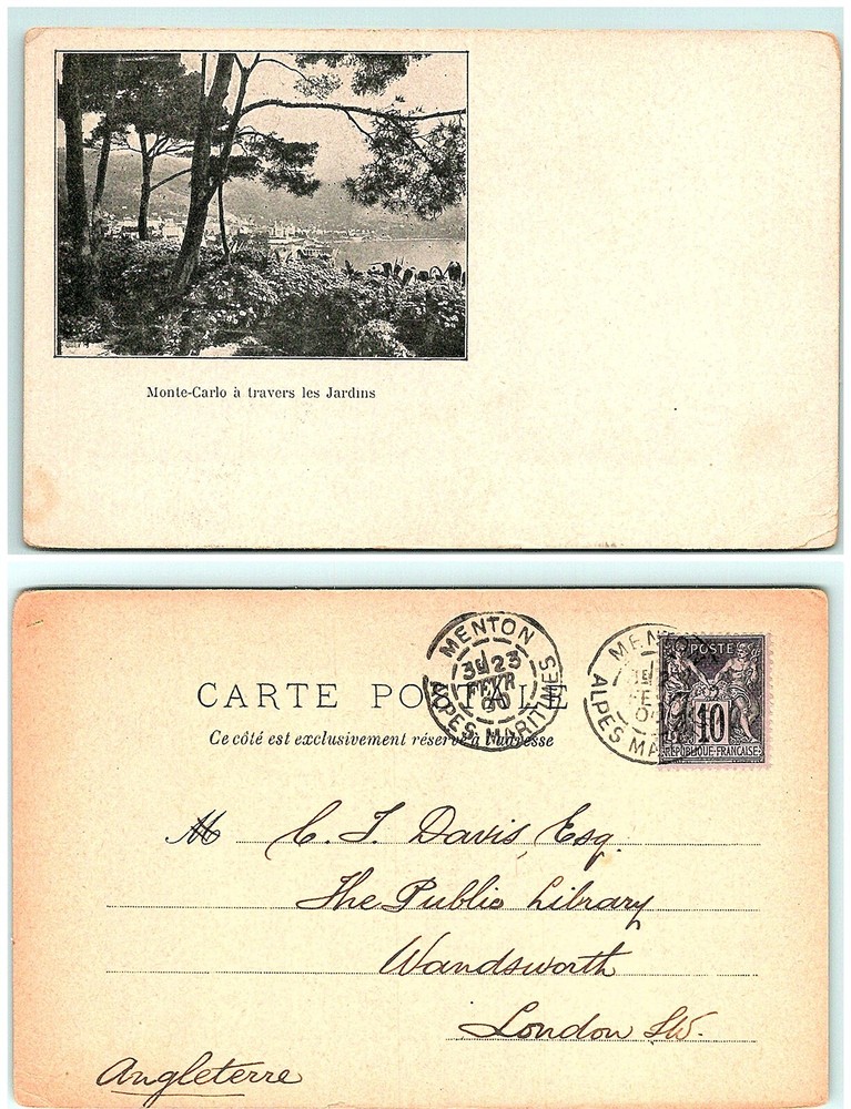 S03-9318, Monte Carlo A Travers Les Jardin, *France 1907 To London, Postcard