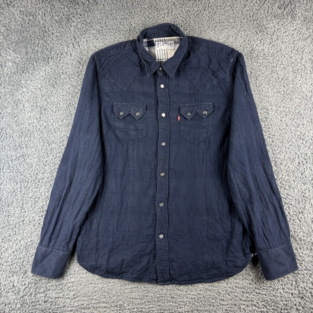 Levis Overshirt Mens Large Blue Navy Pockets Western Yoke Snap Sawtooth Flannel
