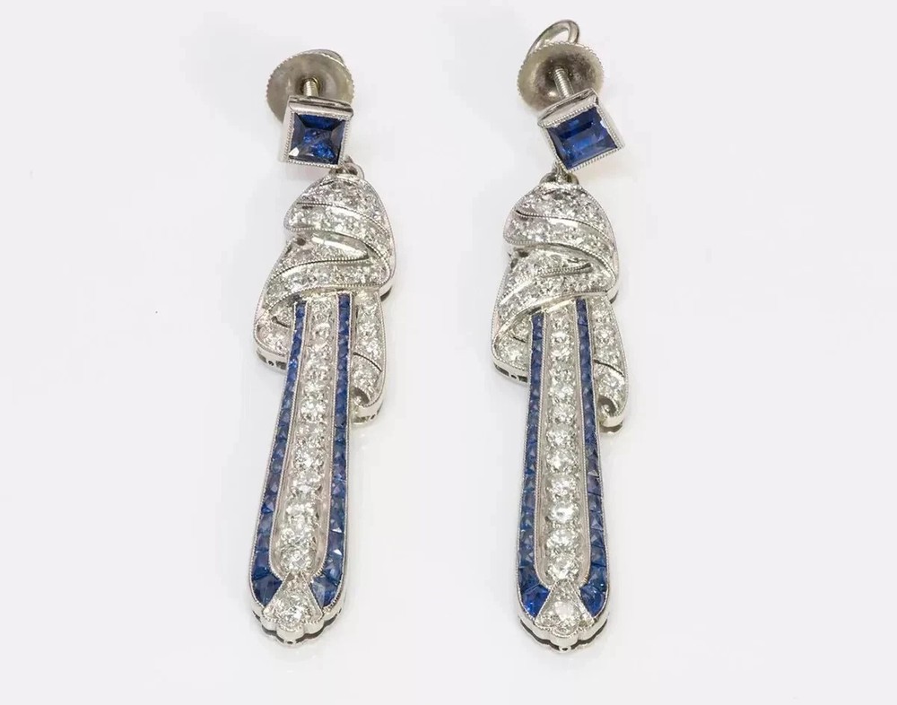 Art Deco Sapphire Lab Created Diamond Vintage Drop Dangle Earring 14K Gold Over