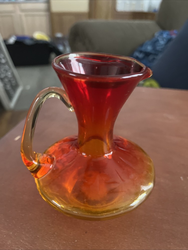 Rainbow glass hand blown Tangerine Amberina Pitcher Vase