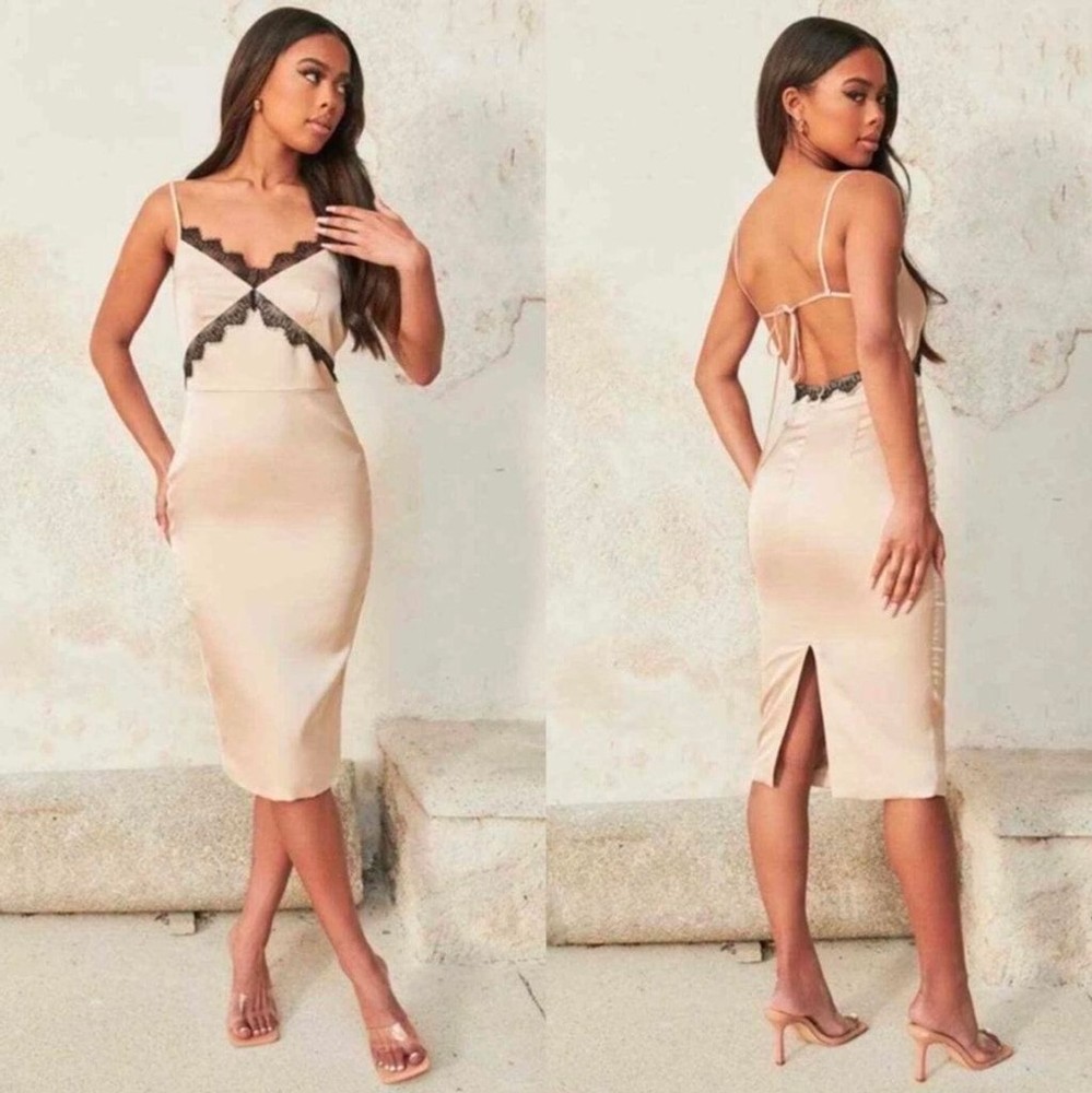 Lavish Alice Satin Midi Slip Dress Nude Black Lace Open Back Womens US 6 NWT