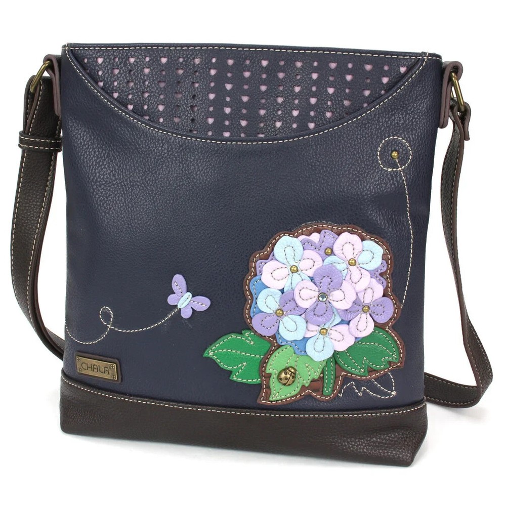 Chala Navy Blue Hydrangea Crossbody Tote Faux Leather Purse