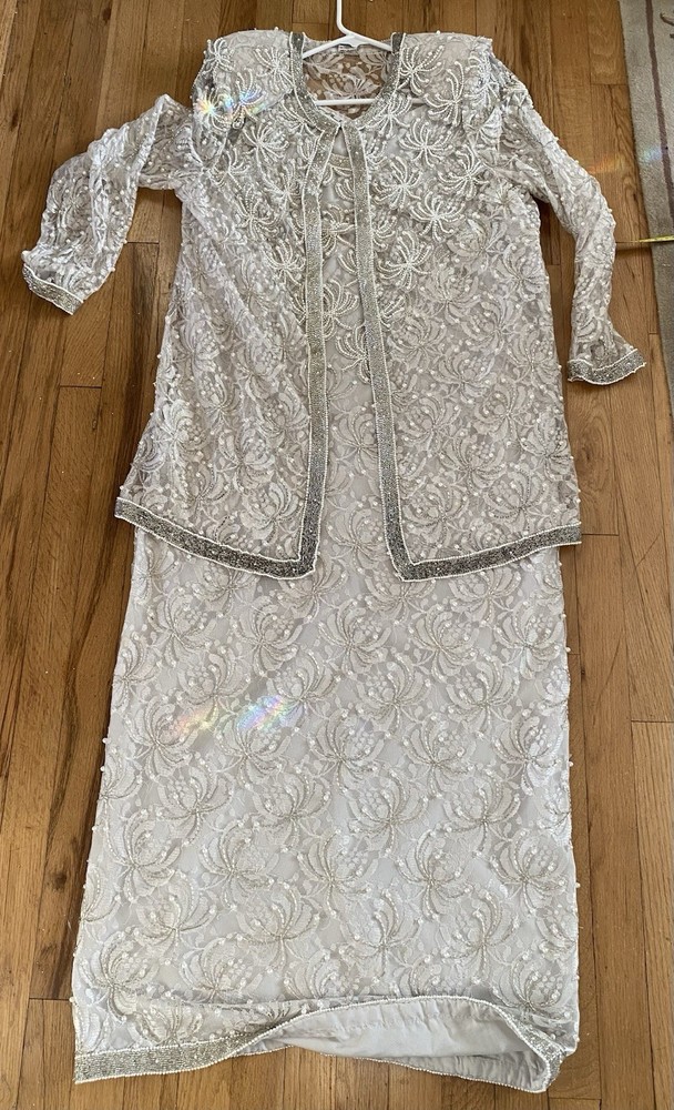 Vintage Scala  Beaded Formal Gown Jacket Silver & Pearl Beads Lined 2 Pc Sz L-XL