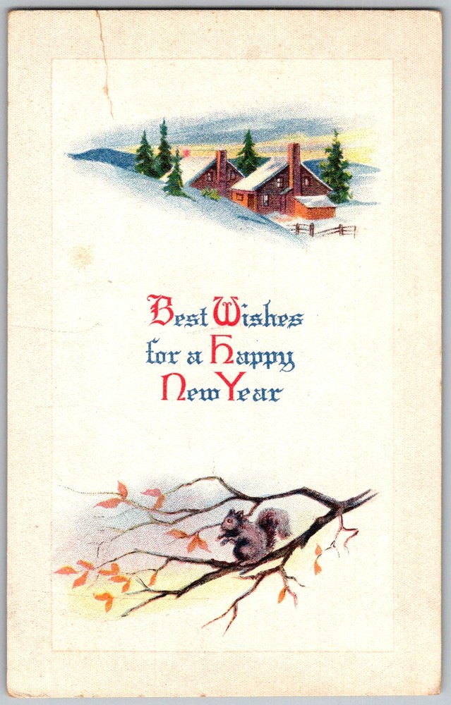 Antique Postcard Happy New Year Squirrel 1910s