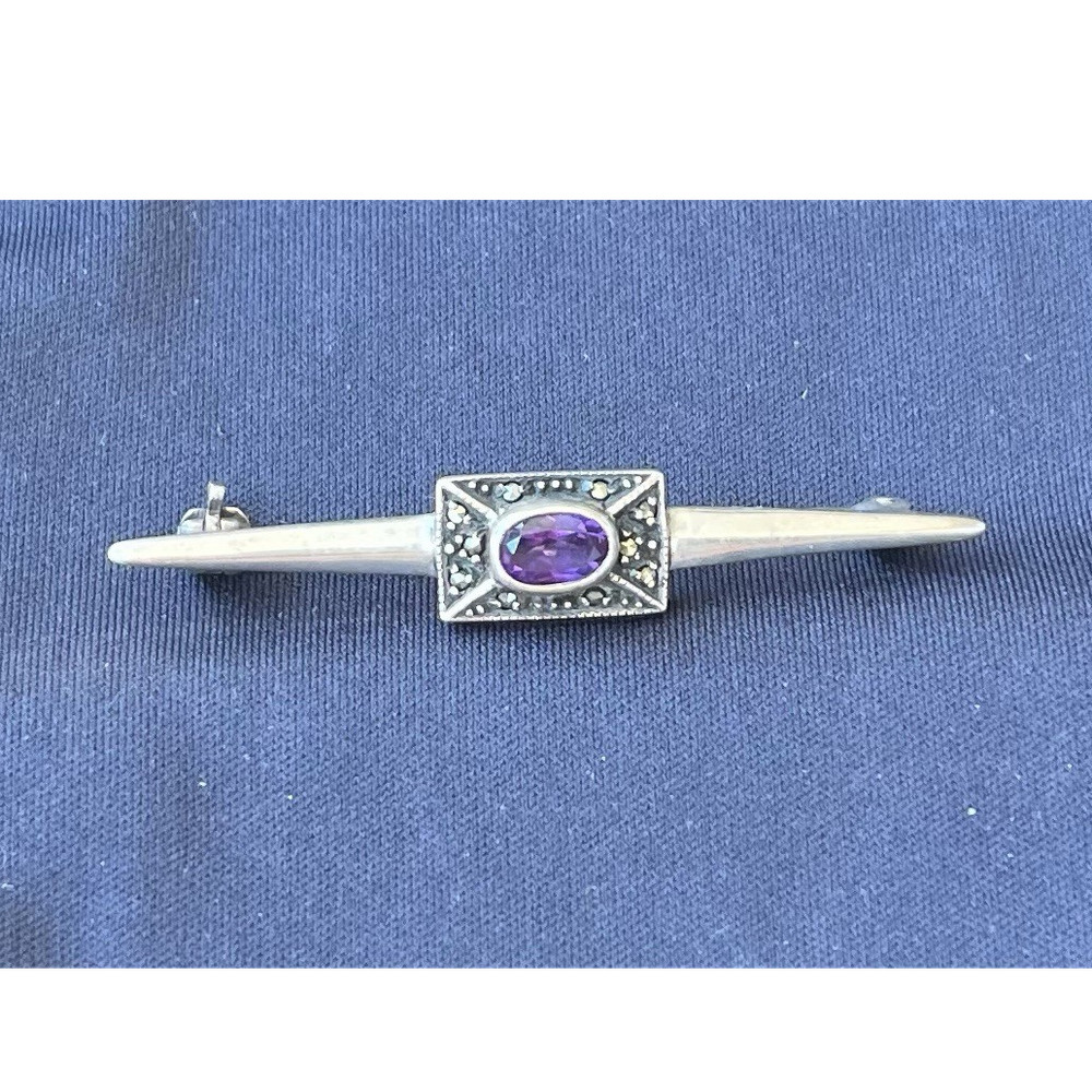 Vintage Sterling Silver Amethyst Bar Brooch Pin, Oval, Bezel Set, 1.75 inches