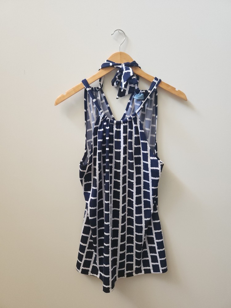 Cynthia Rowley Navy White Grid Print Halter Tank Top Stretch Sleeveless M